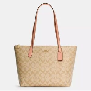 💝NEW COACH ZIP TOP TOTE IN SIGNATURE CANVAS/ LEATHER LIGHT KHAKI PINK 4455